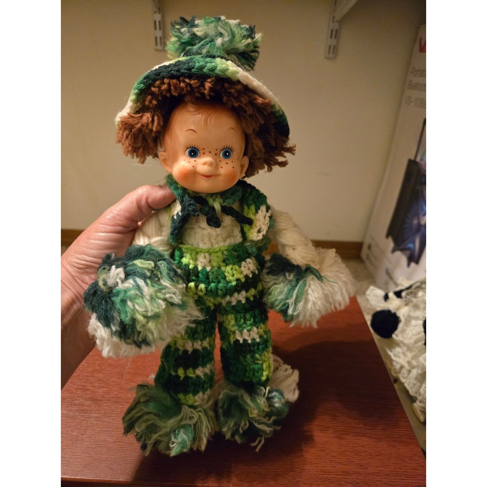 Vintage Handmade Crochet Doll Rubber‎ Face Freckles Green Variegated Outfit Hat